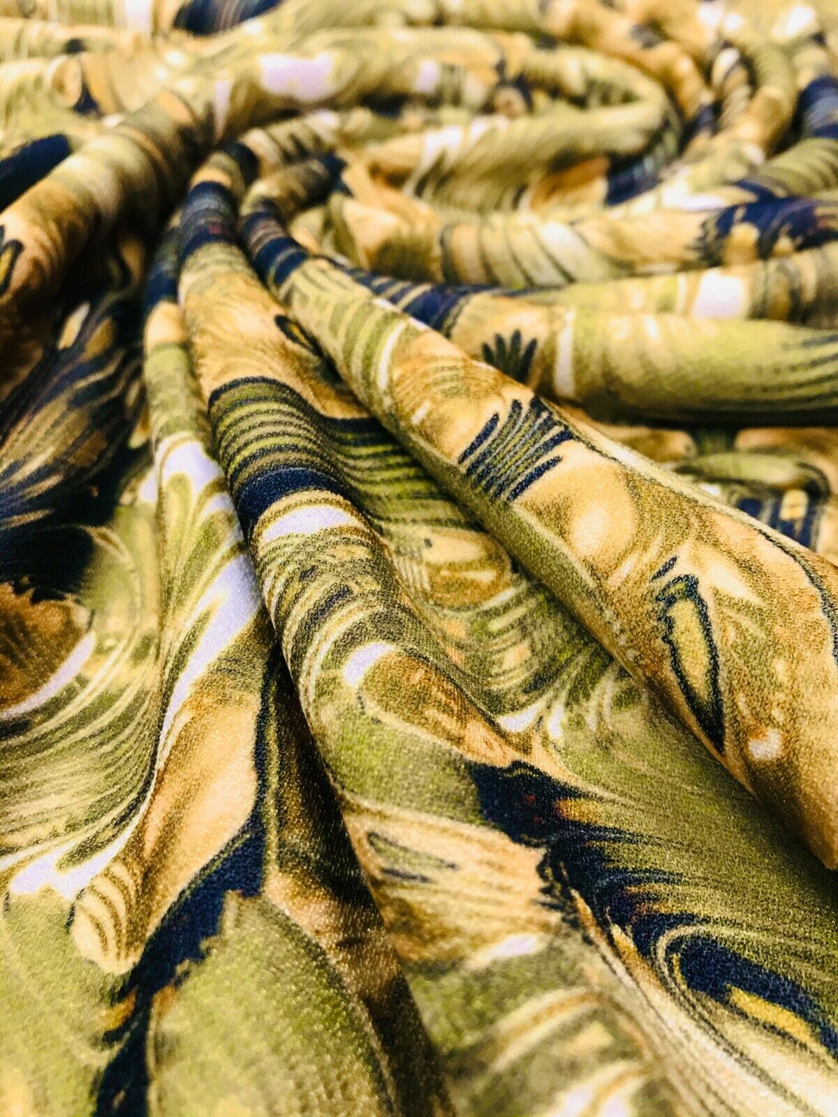 Green Gold Multi Print Lightweight Jersey Crepe Fabric 4 Way Stretch - T9 Fabrics