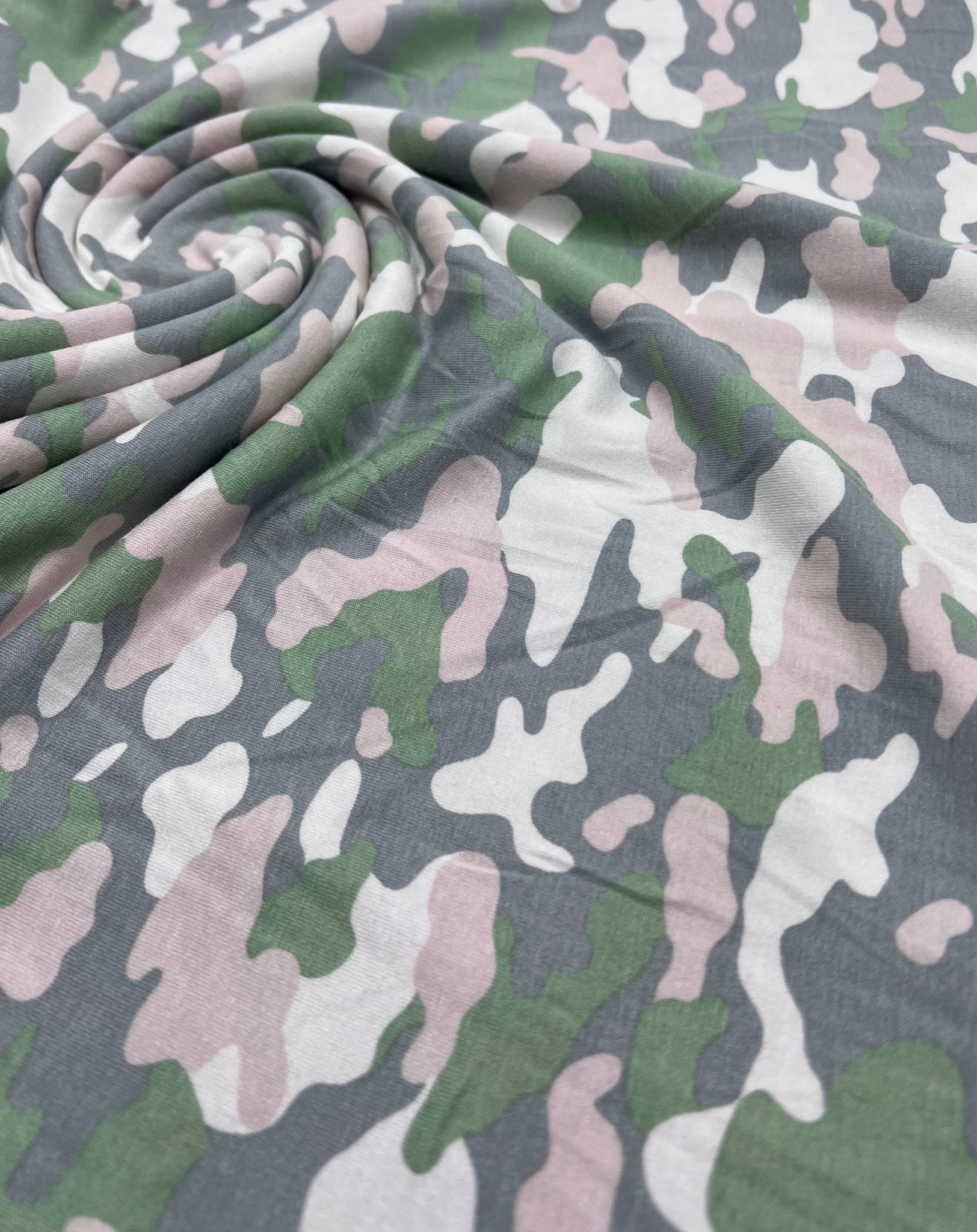 Green Grey Soft Pink Camo Print Viscose Elastane Fabric - T9 Fabrics