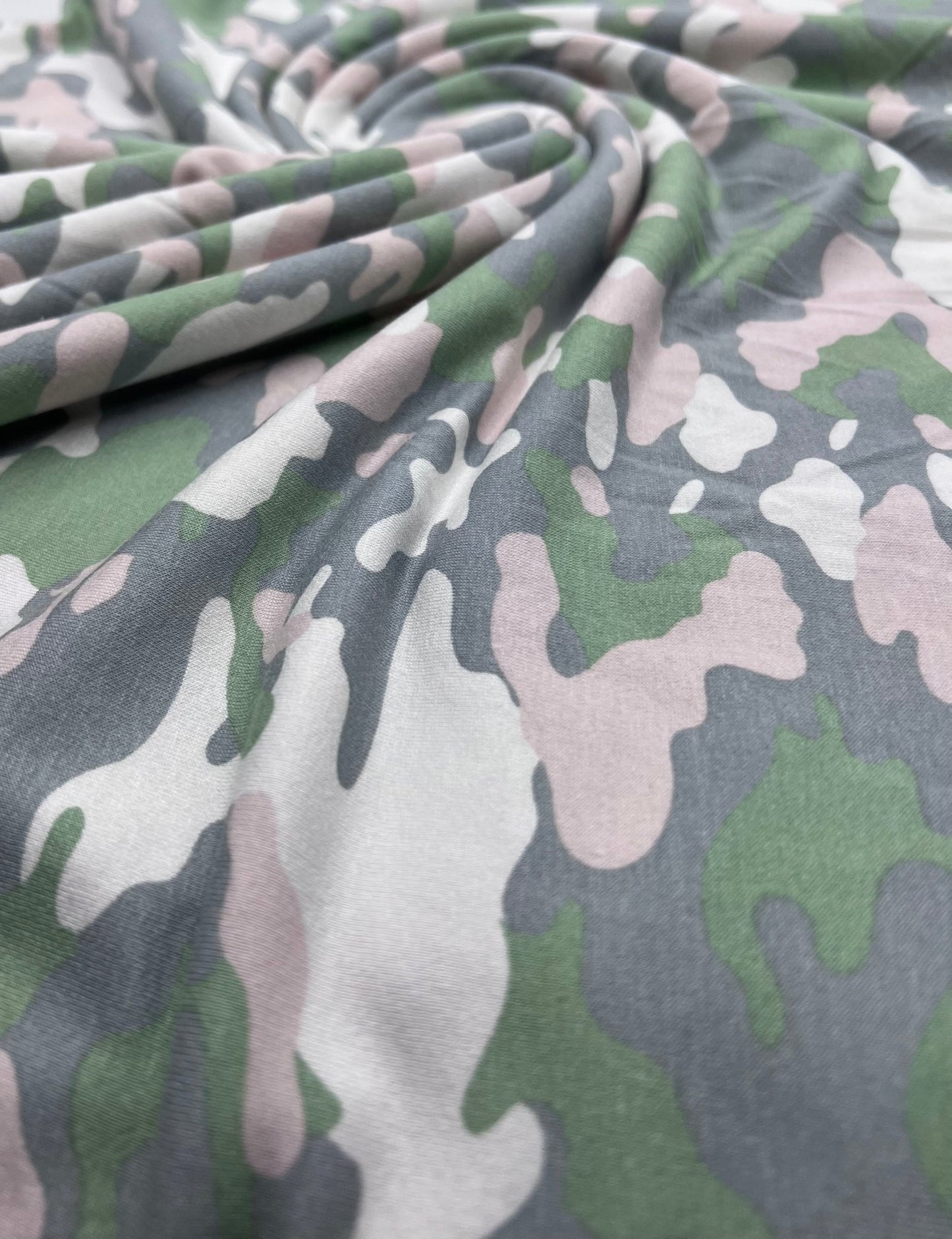 Green Grey Soft Pink Camo Print Viscose Elastane Fabric - T9 Fabrics