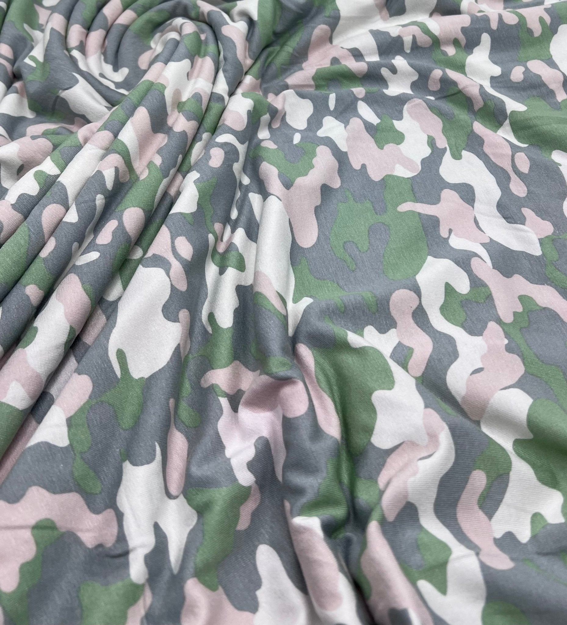 Green Grey Soft Pink Camo Print Viscose Elastane Fabric - T9 Fabrics