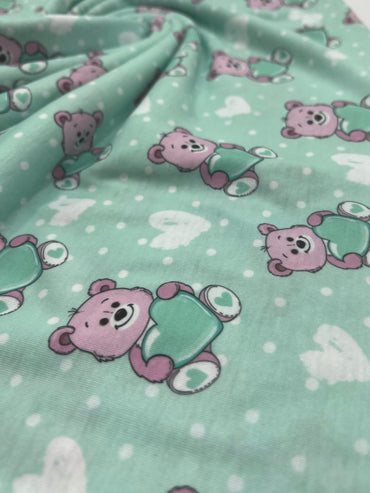 Green Heart Bear Spun Poly Stretch Fabric - T9 Fabrics