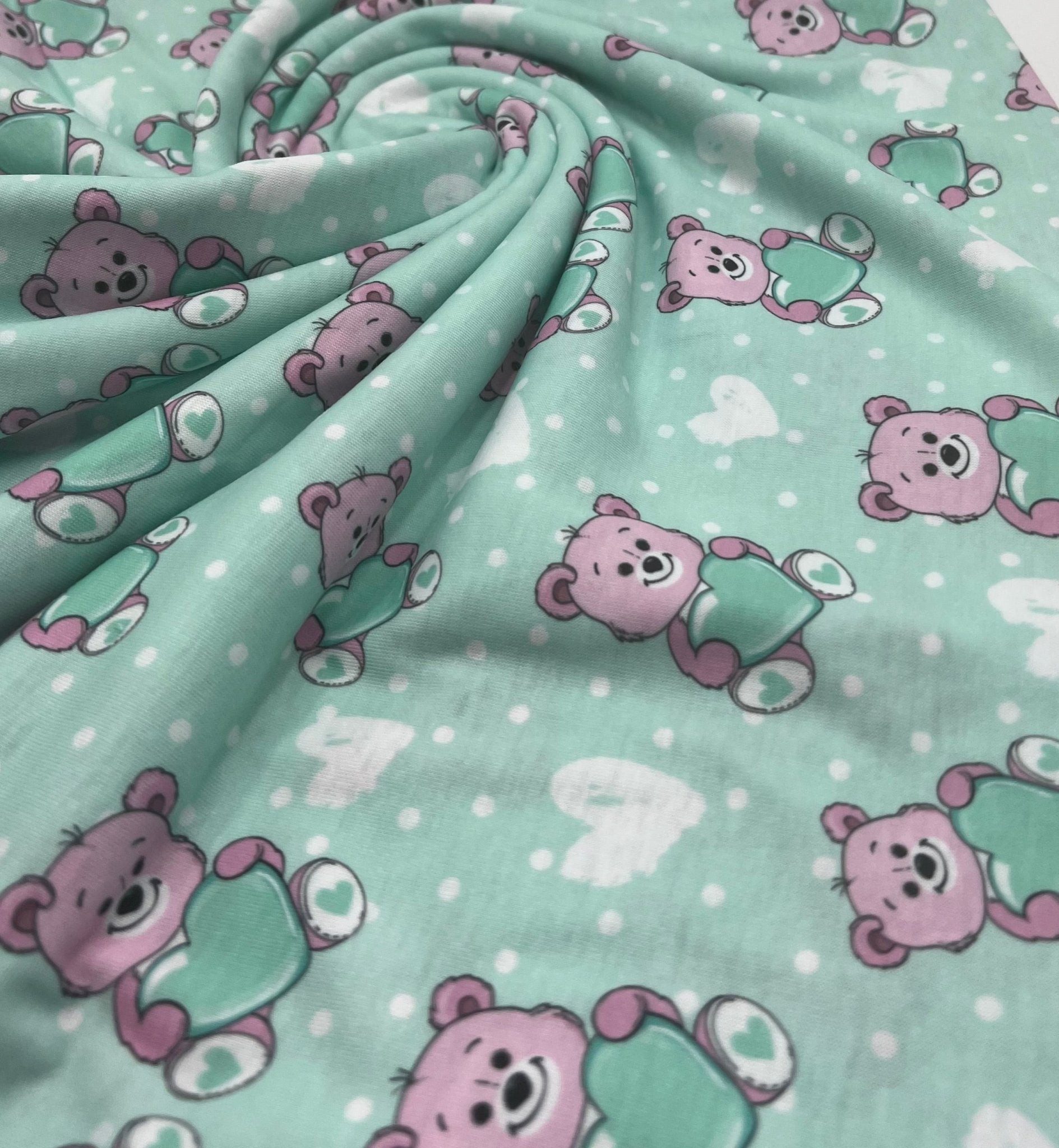 Green Heart Bear Spun Poly Stretch Fabric - T9 Fabrics