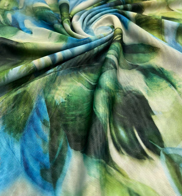Green Jungle Leaf Print Mesh Fabric Stretch - T9 Fabrics