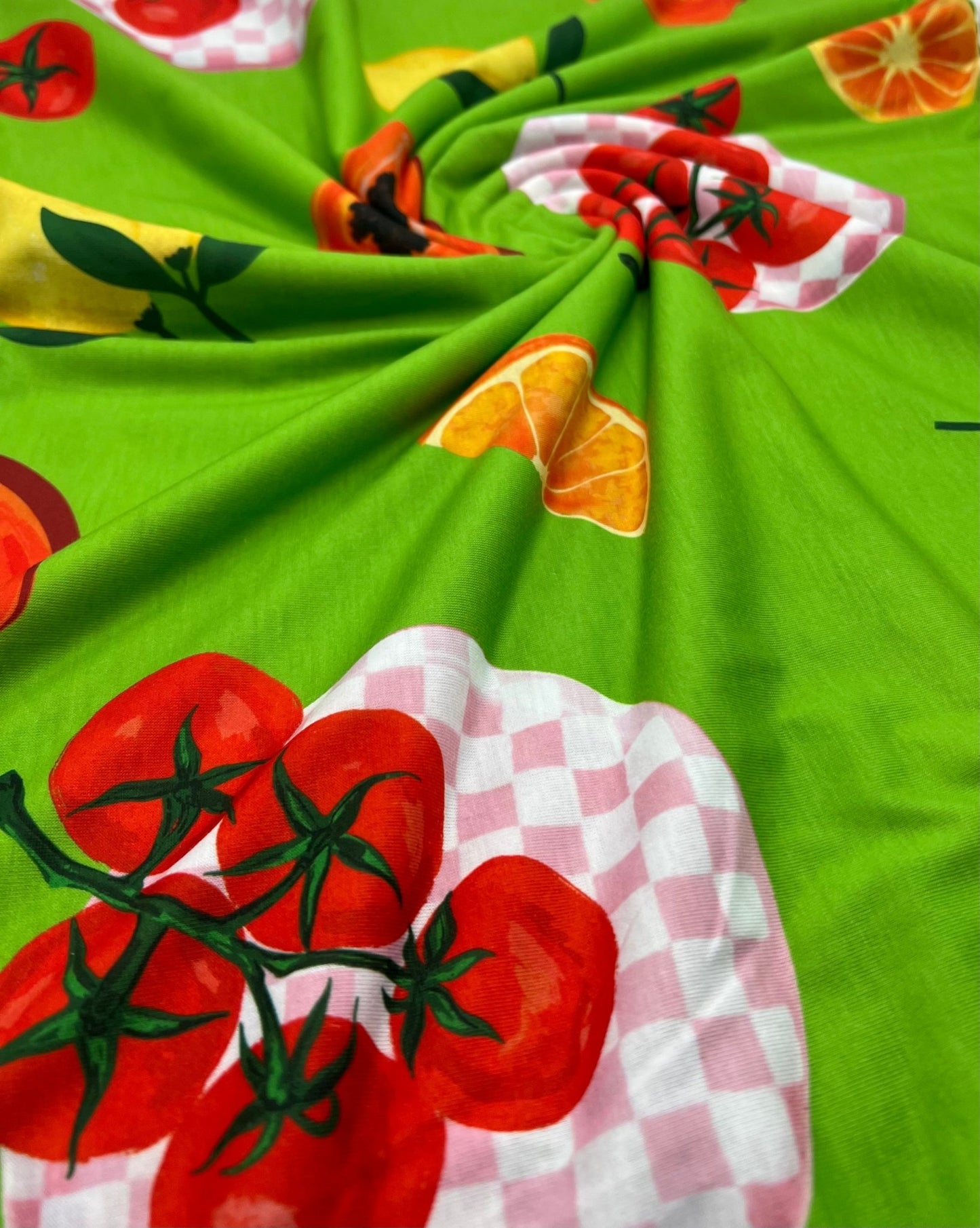 Green Large Fruit Print Spun Poly Stretch Fabric - T9 Fabrics