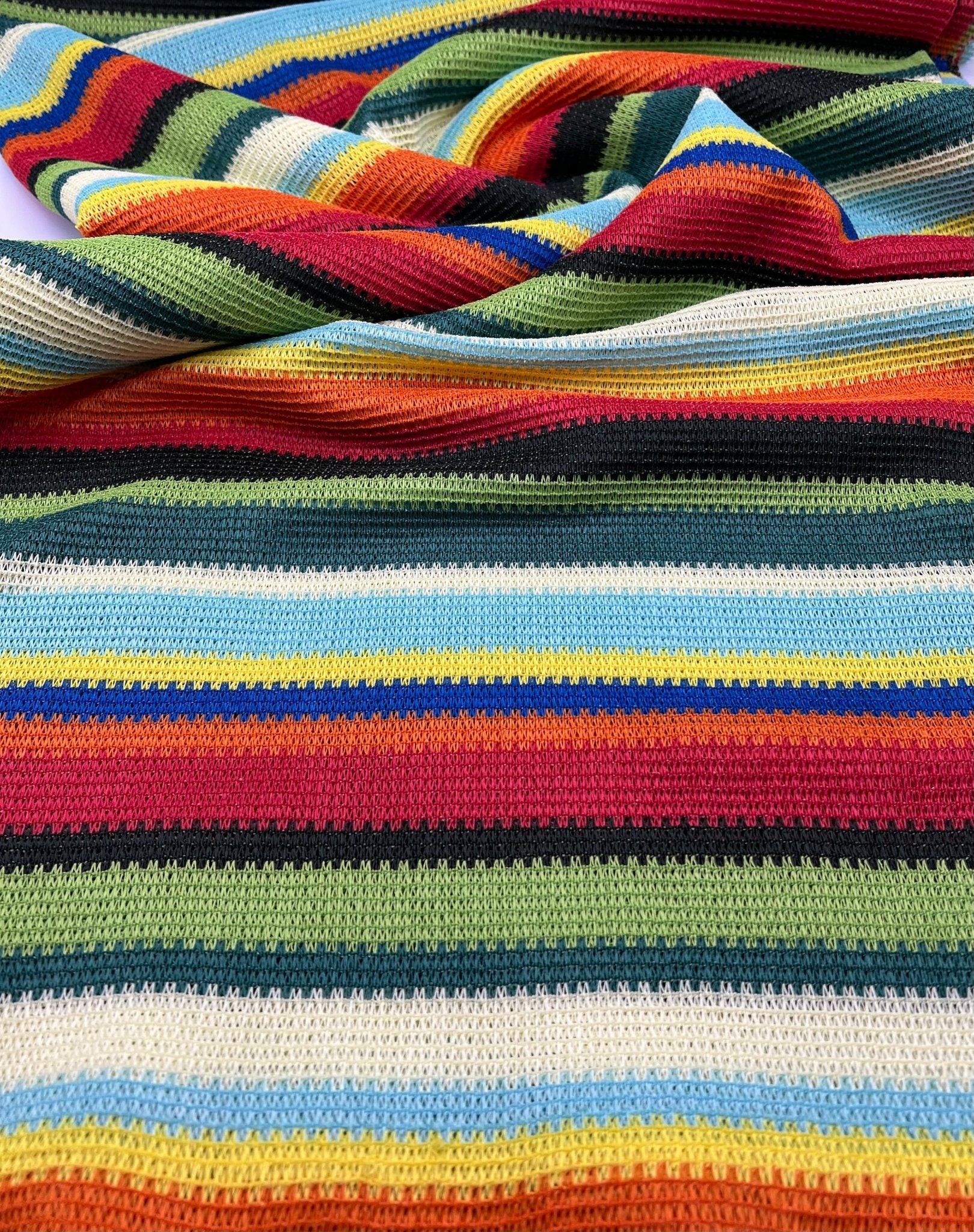 Green Multi Stripe Textured Knitted 2 Way Stretch Fabric - T9 Fabrics