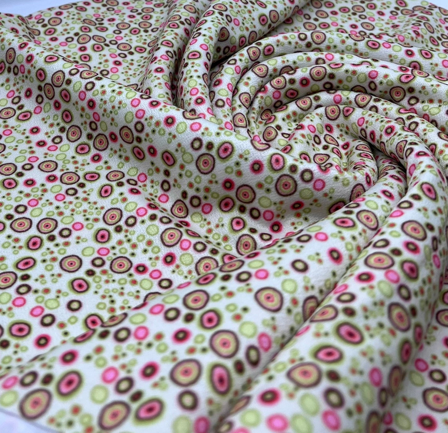 Green & Pink Small Circles Print Lightweight Jersey Crepe Fabric 4 Way Stretch - T9 Fabrics