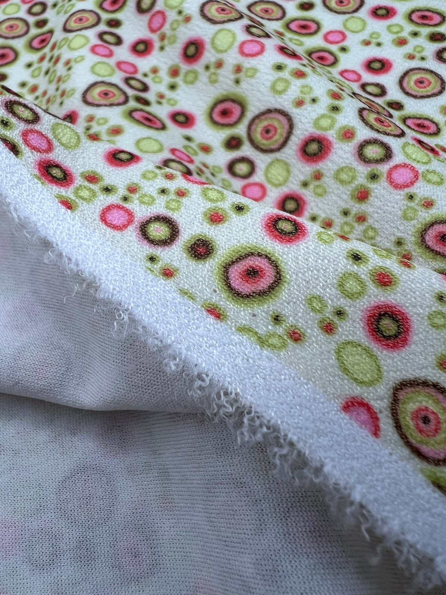 Green & Pink Small Circles Print Lightweight Jersey Crepe Fabric 4 Way Stretch - T9 Fabrics