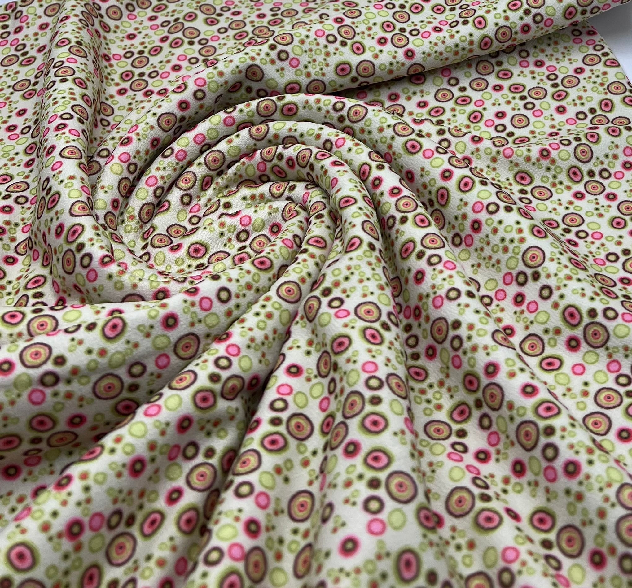 Green & Pink Small Circles Print Lightweight Jersey Crepe Fabric 4 Way Stretch - T9 Fabrics