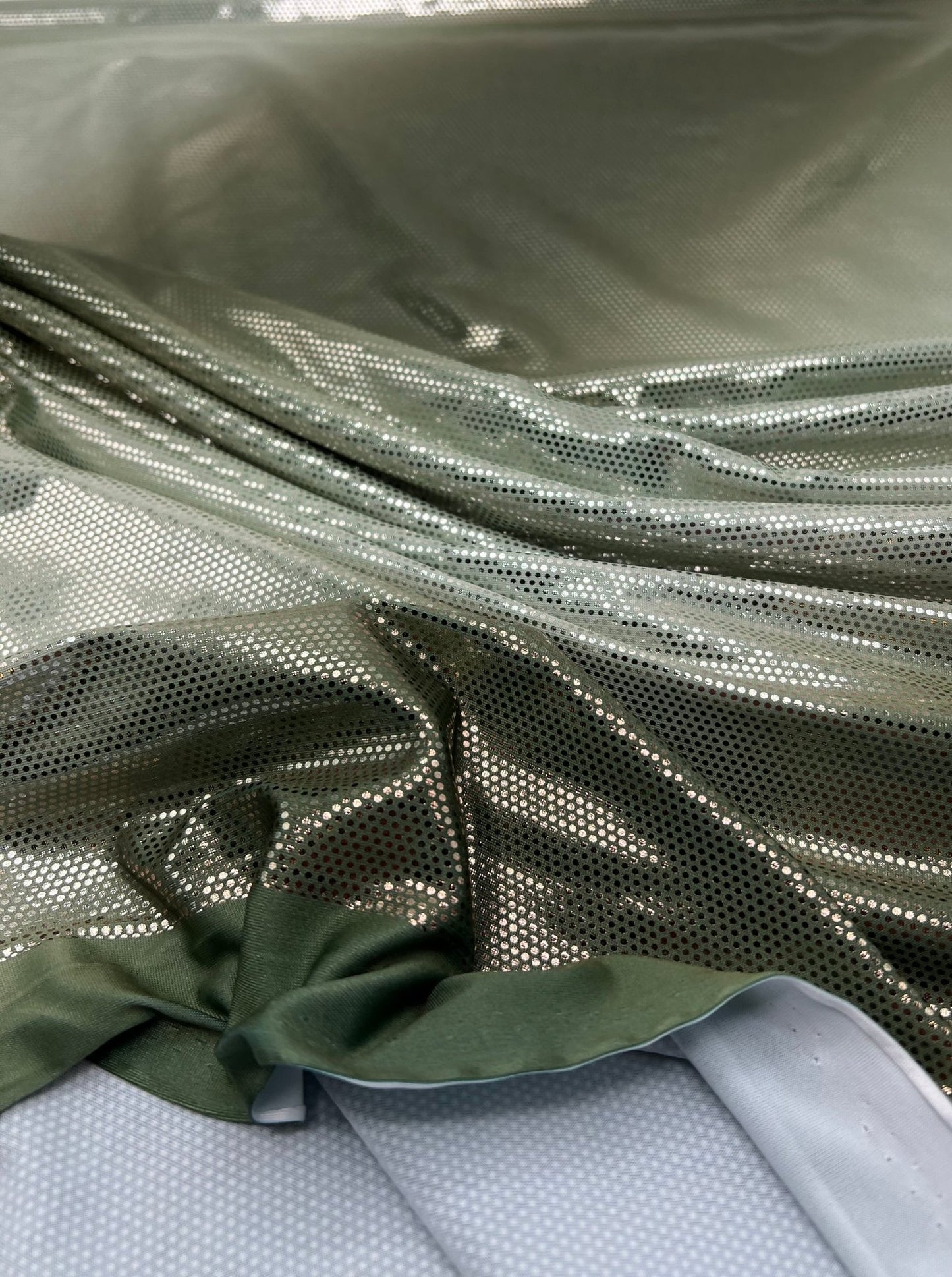 Green Silver Shiny Sequin Soft Touch 2 Way Stretch Fabric - T9 Fabrics