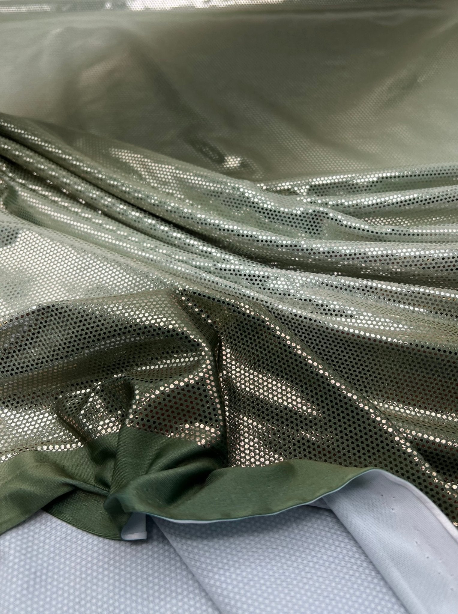 Green Silver Shiny Sequin Soft Touch 2 Way Stretch Fabric - T9 Fabrics