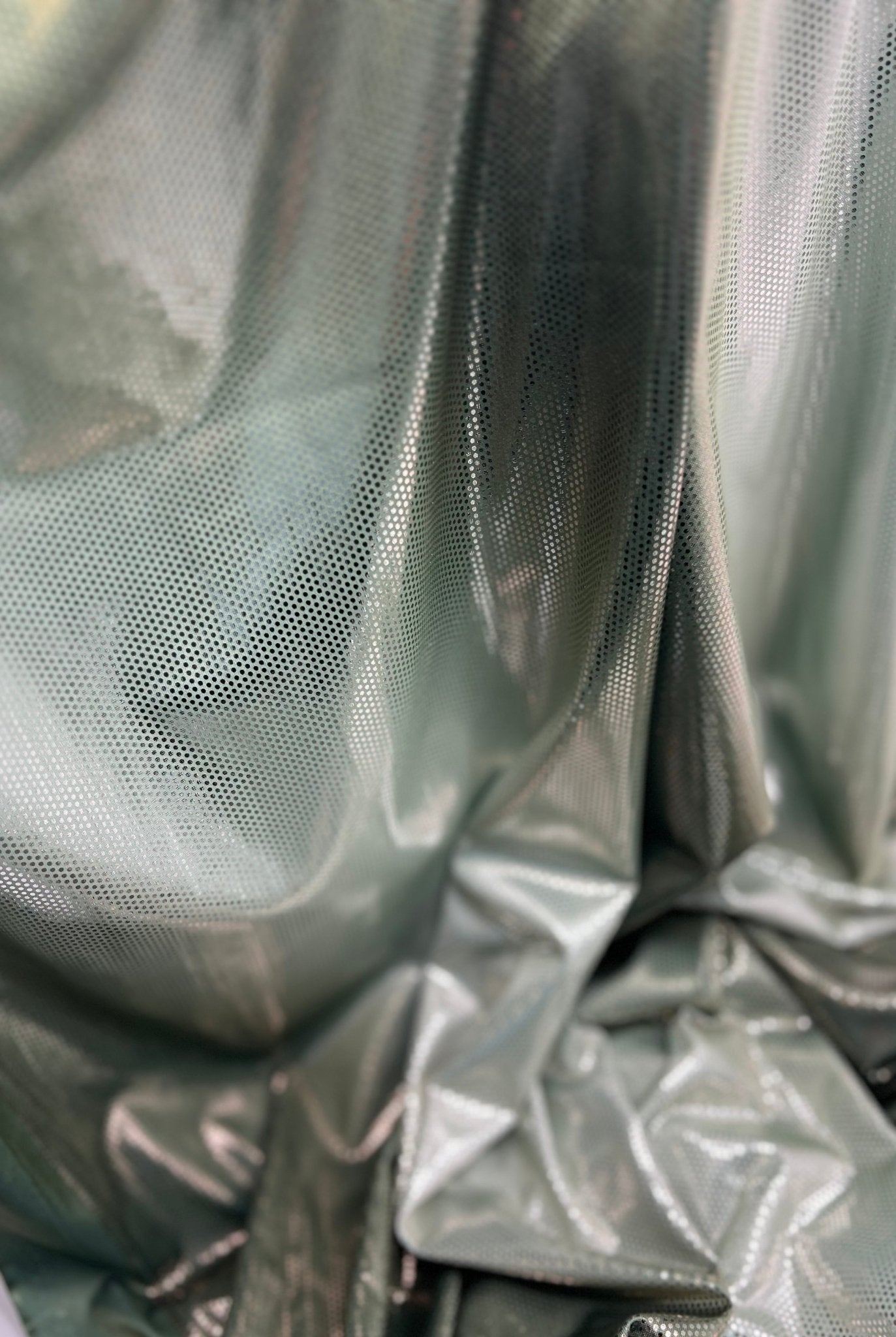 Green Silver Shiny Sequin Soft Touch 2 Way Stretch Fabric - T9 Fabrics