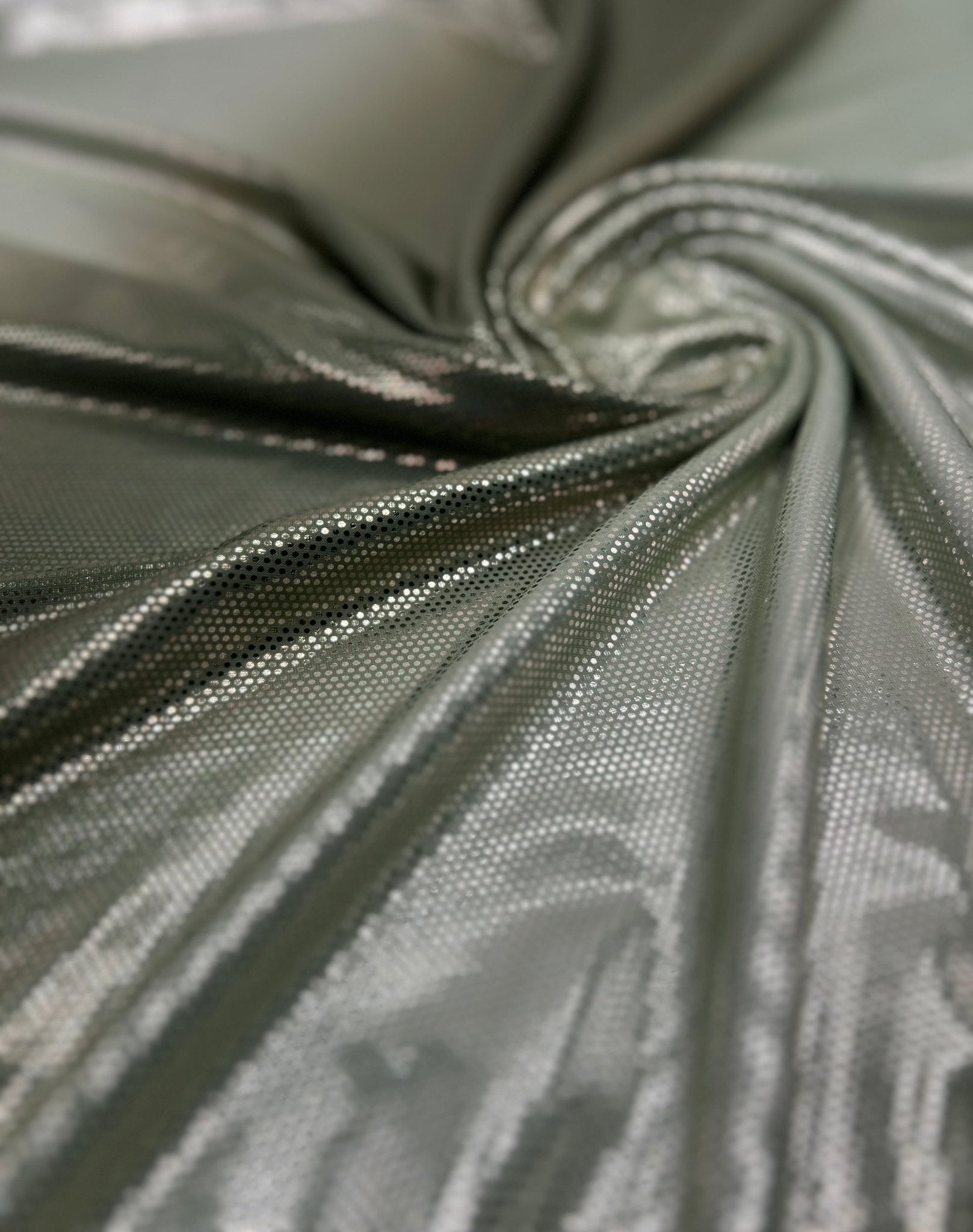 Green Silver Shiny Sequin Soft Touch 2 Way Stretch Fabric - T9 Fabrics