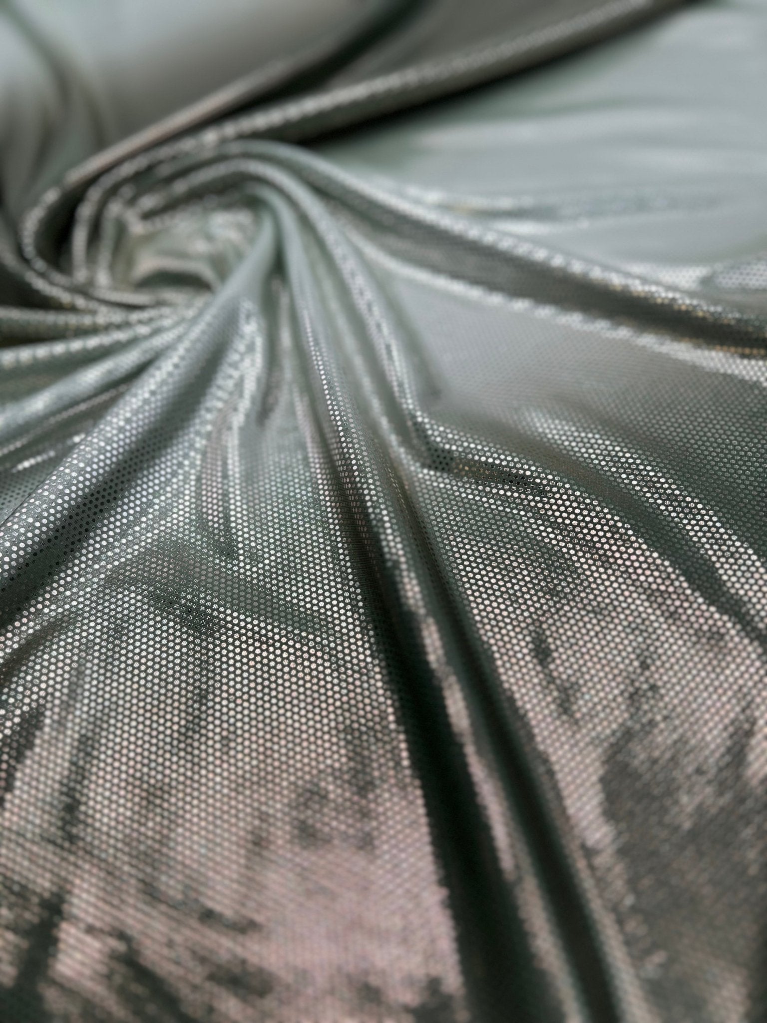 Green Silver Shiny Sequin Soft Touch 2 Way Stretch Fabric - T9 Fabrics