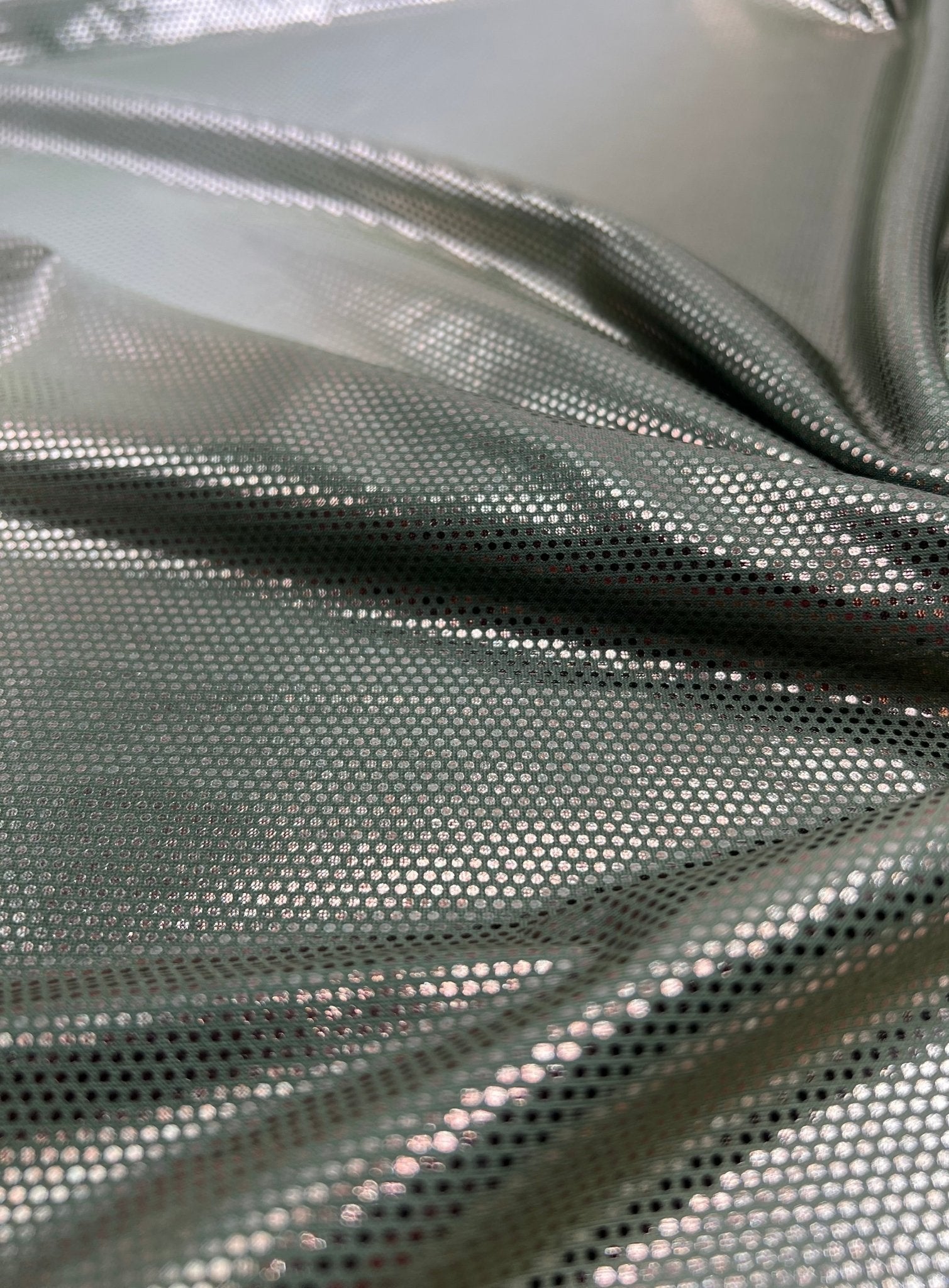 Green Silver Shiny Sequin Soft Touch 2 Way Stretch Fabric - T9 Fabrics