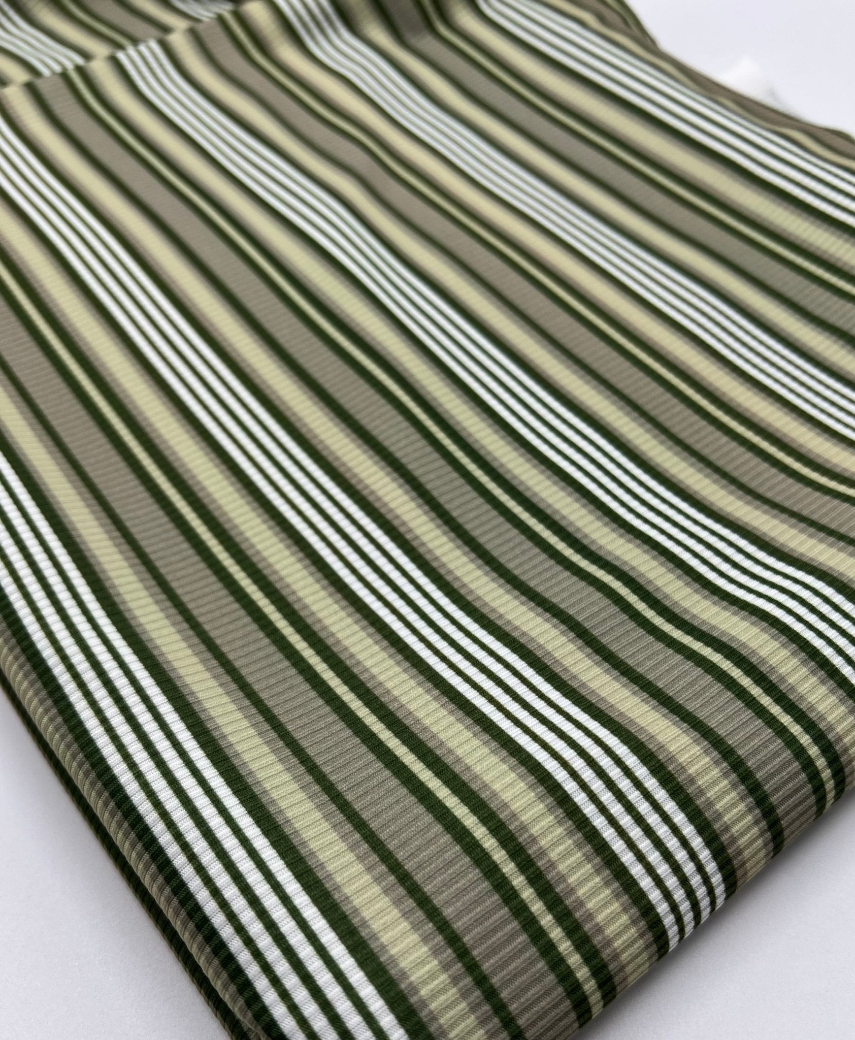 Green Stripe Print 2X1 Fine Rib Stretch Fabric - T9 Fabrics