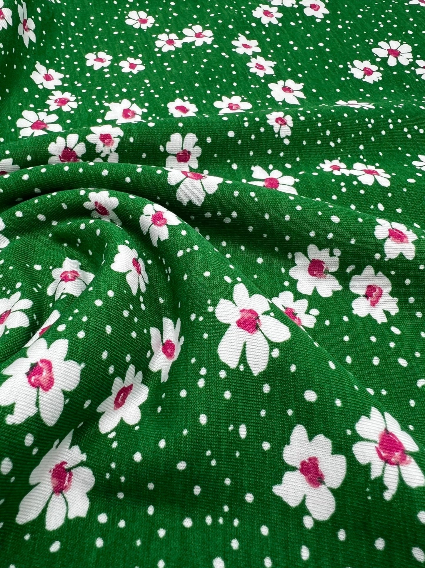 Green White Floral Spot Print Viscose Elastane 4 Way Stretch Fabric - T9 Fabrics