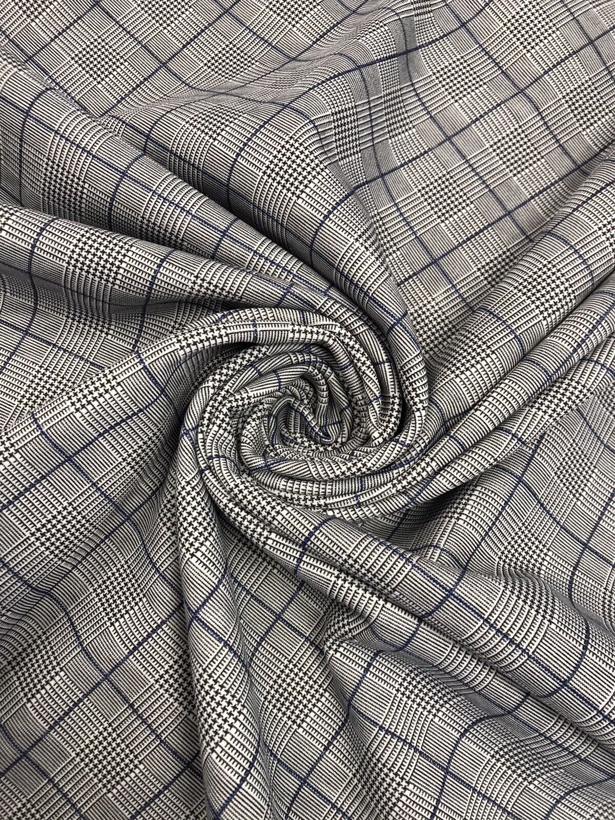 Grey & Blue Detail Check Print Ponte Fabric - T9 Fabrics