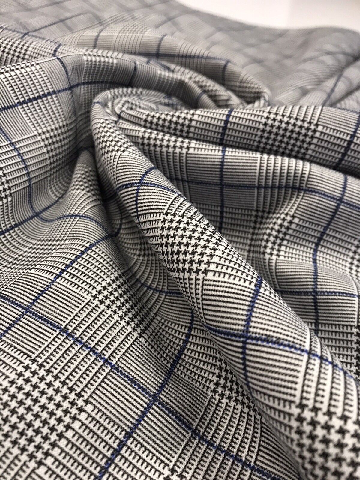 Grey & Blue Detail Check Print Ponte Fabric - T9 Fabrics