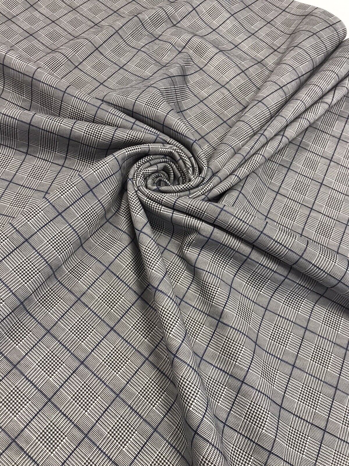 Grey & Blue Detail Check Print Ponte Fabric - T9 Fabrics