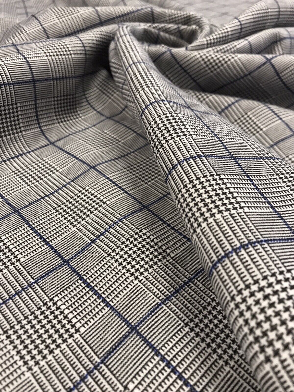 Grey & Blue Detail Check Print Ponte Fabric - T9 Fabrics