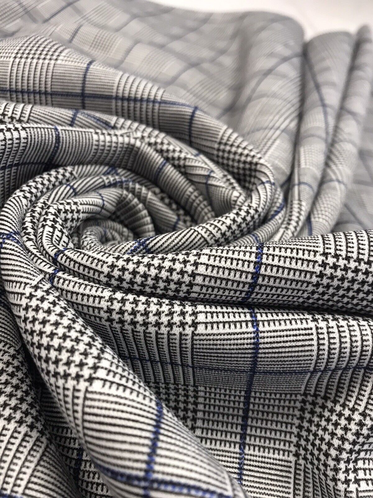 Grey & Blue Detail Check Print Ponte Fabric - T9 Fabrics