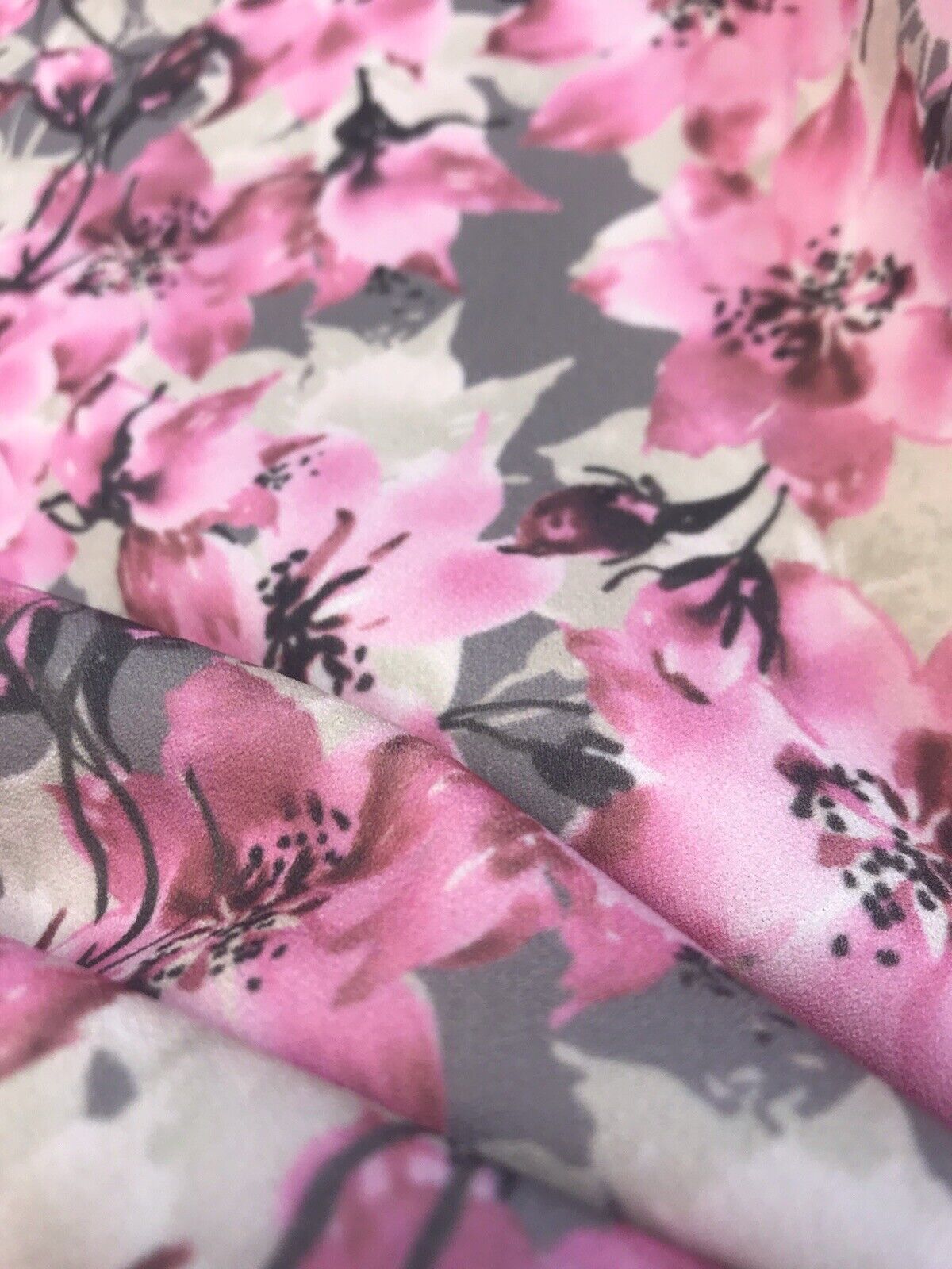 Grey & Pink Blossom Floral Printed Scuba Crepe Jersey Fabric 4 Way Stretch - T9 Fabrics