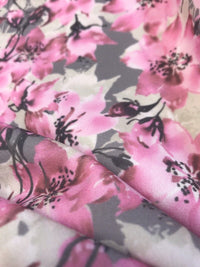 Grey & Pink Blossom Floral Printed Scuba Crepe Jersey Fabric 4 Way Stretch - T9 Fabrics