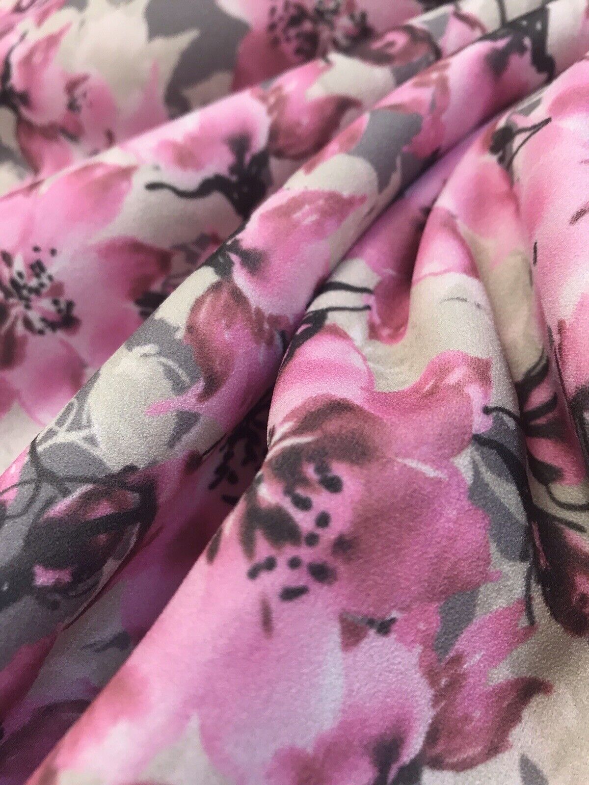 Grey & Pink Blossom Floral Printed Scuba Crepe Jersey Fabric 4 Way Stretch - T9 Fabrics