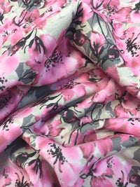 Grey & Pink Blossom Floral Printed Scuba Crepe Jersey Fabric 4 Way Stretch - T9 Fabrics