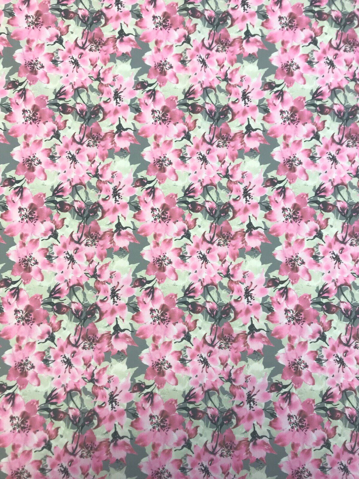 Grey & Pink Blossom Floral Printed Scuba Crepe Jersey Fabric 4 Way Stretch - T9 Fabrics