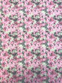 Grey & Pink Blossom Floral Printed Scuba Crepe Jersey Fabric 4 Way Stretch - T9 Fabrics