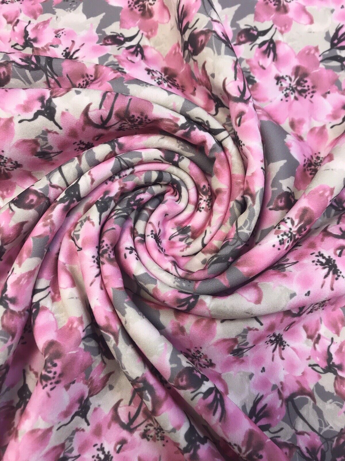 Grey & Pink Blossom Floral Printed Scuba Crepe Jersey Fabric 4 Way Stretch - T9 Fabrics