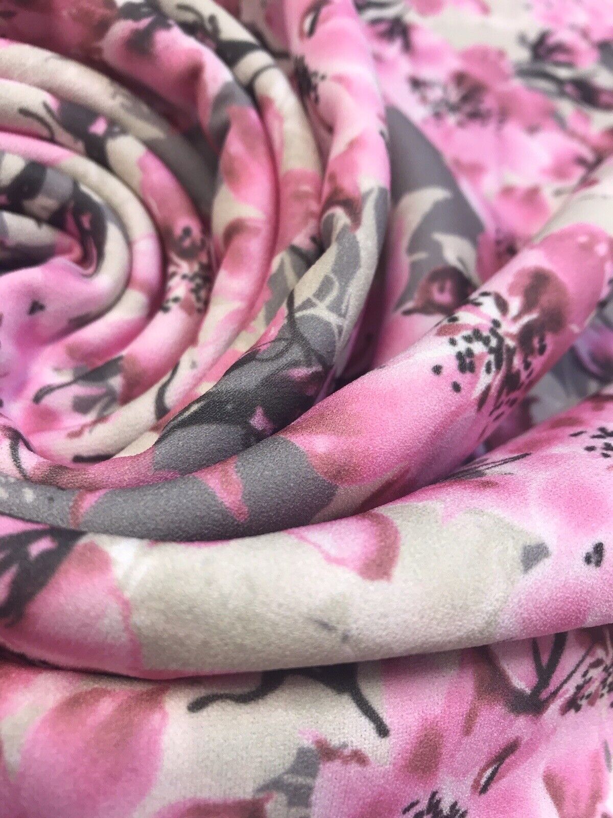 Grey & Pink Blossom Floral Printed Scuba Crepe Jersey Fabric 4 Way Stretch - T9 Fabrics