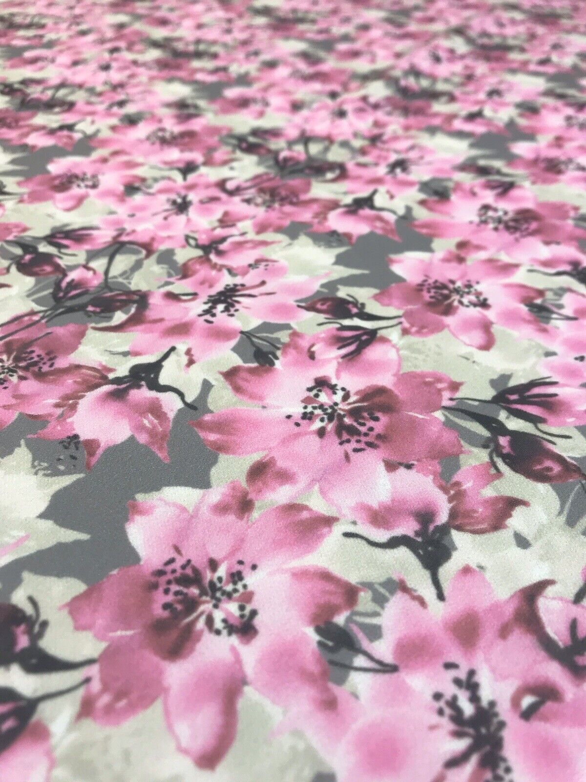 Grey & Pink Blossom Floral Printed Scuba Crepe Jersey Fabric 4 Way Stretch - T9 Fabrics