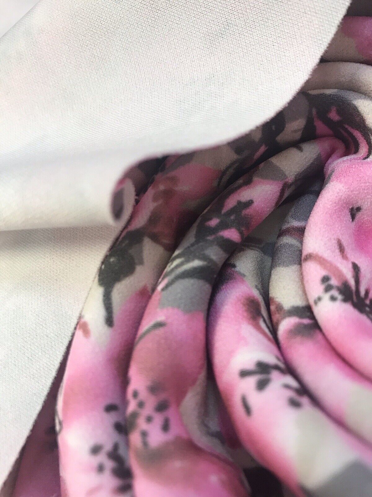 Grey & Pink Blossom Floral Printed Scuba Crepe Jersey Fabric 4 Way Stretch - T9 Fabrics