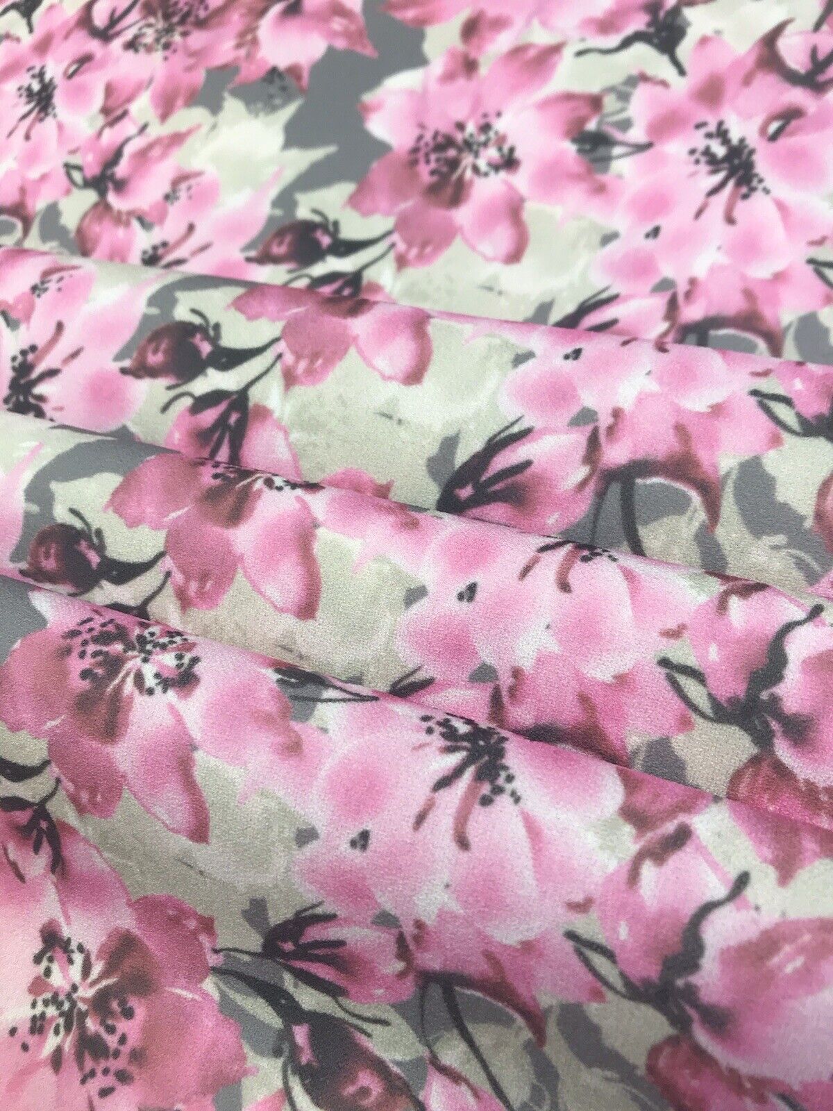 Grey & Pink Blossom Floral Printed Scuba Crepe Jersey Fabric 4 Way Stretch - T9 Fabrics