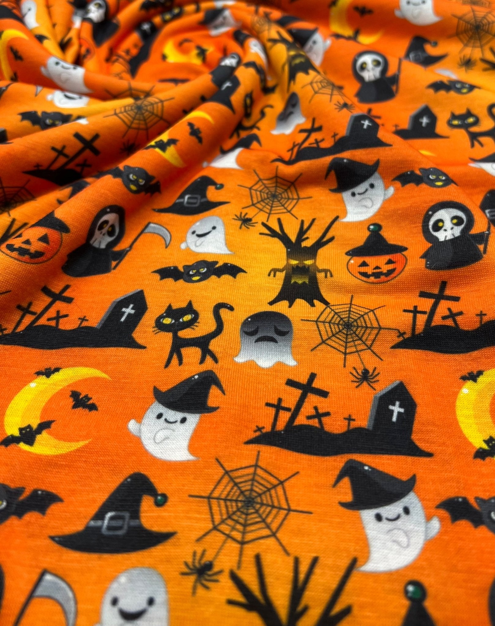 Halloween Ghost Graveyard Print Spun Poly Stretch Fabric - T9 Fabrics
