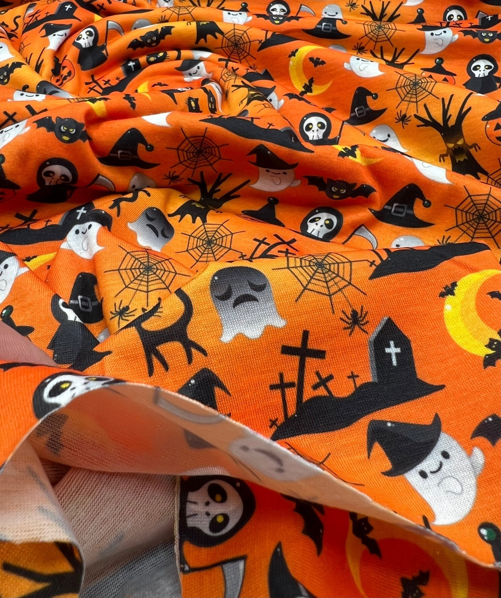 Halloween Ghost Graveyard Print Spun Poly Stretch Fabric - T9 Fabrics