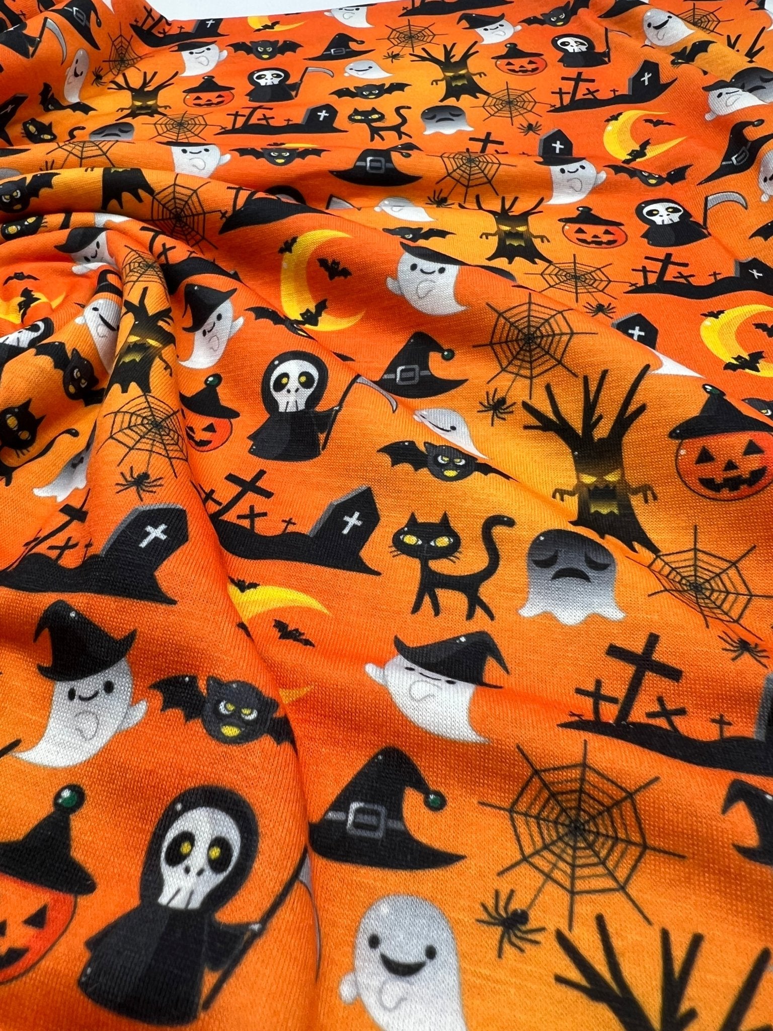 Halloween Ghost Graveyard Print Spun Poly Stretch Fabric - T9 Fabrics