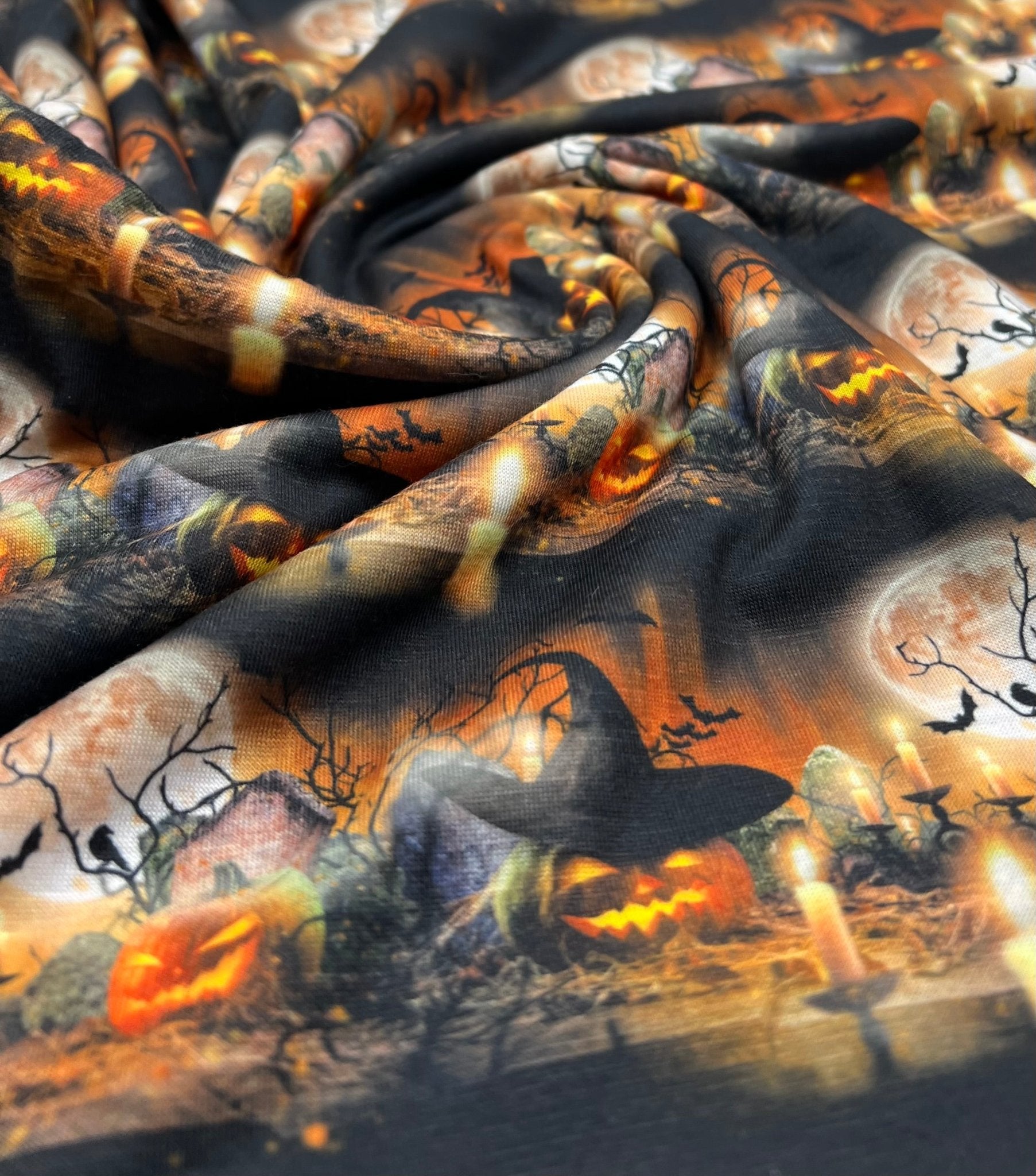 Halloween Pumpkin Candle Print Spun Poly Stretch Fabric - T9 Fabrics