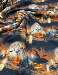 Halloween Pumpkin Candle Print Spun Poly Stretch Fabric - T9 Fabrics