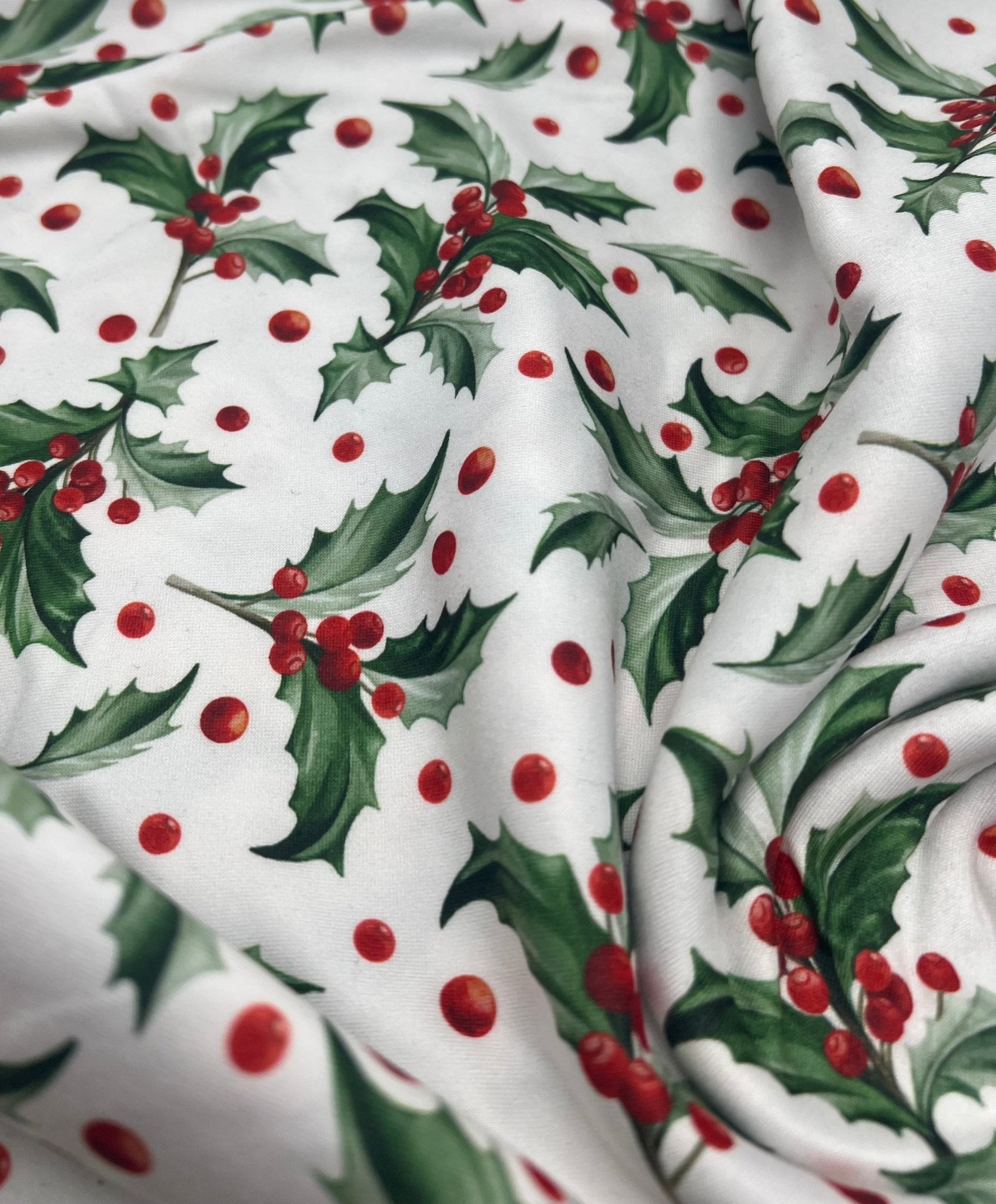 Holly Leaves Print Super Soft Spun Poly Stretch Fabric - T9 Fabrics
