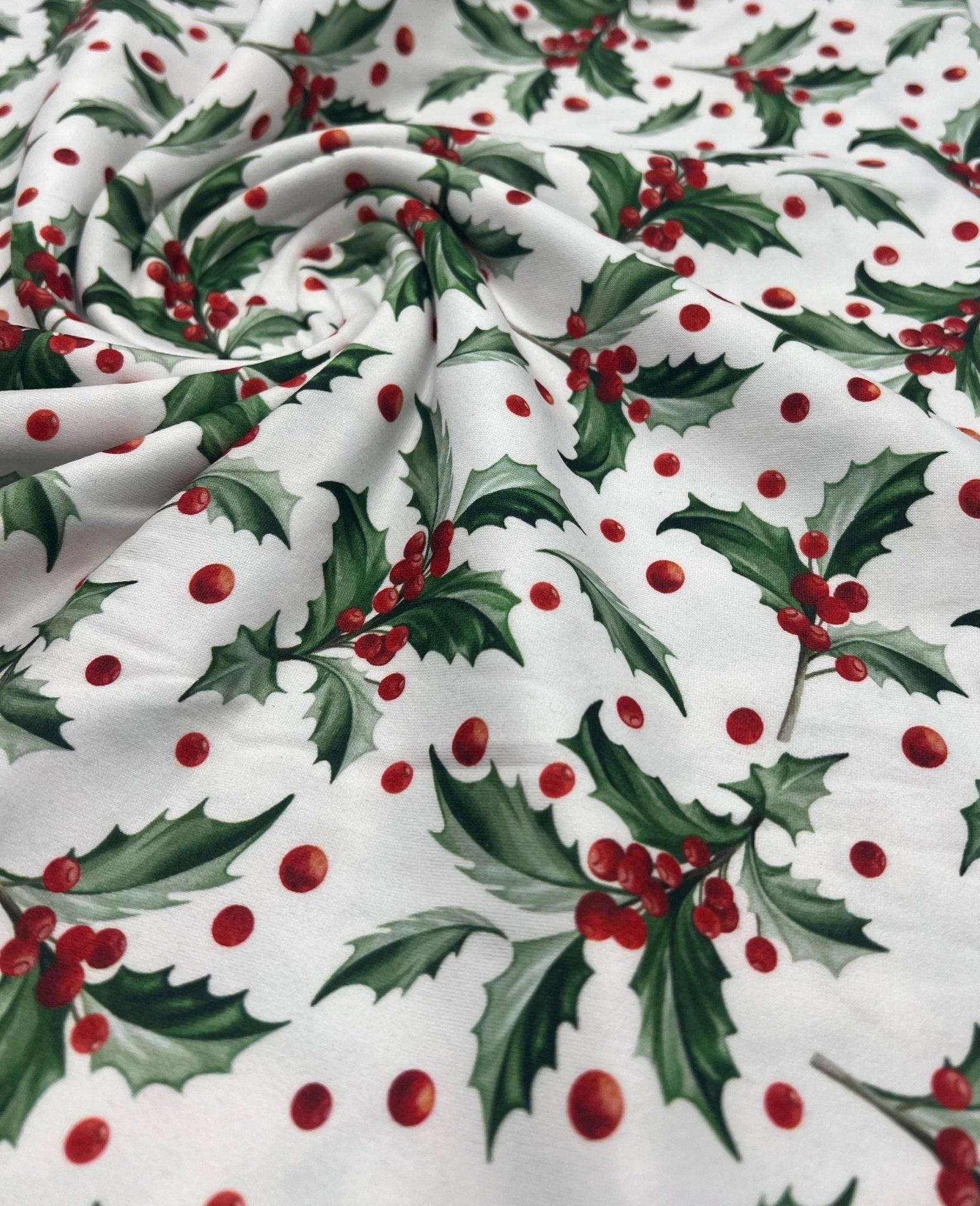 Holly Leaves Print Super Soft Spun Poly Stretch Fabric - T9 Fabrics