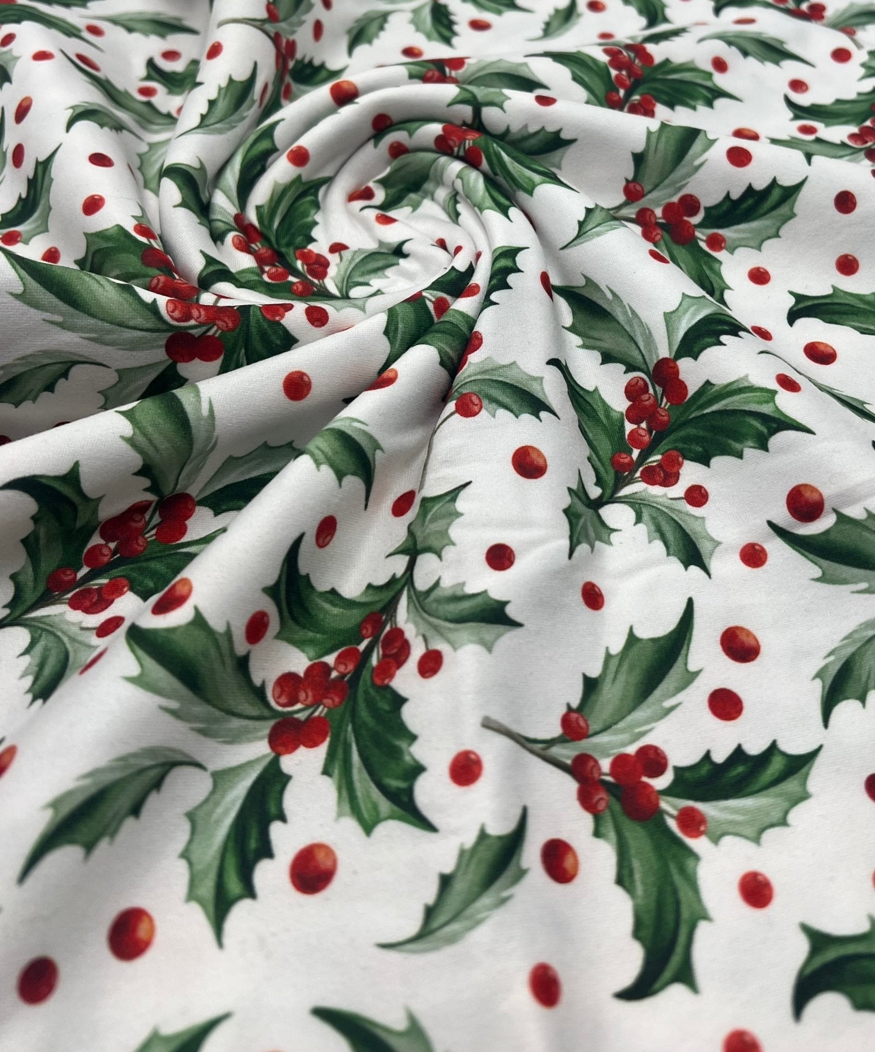 Holly Leaves Print Super Soft Spun Poly Stretch Fabric - T9 Fabrics
