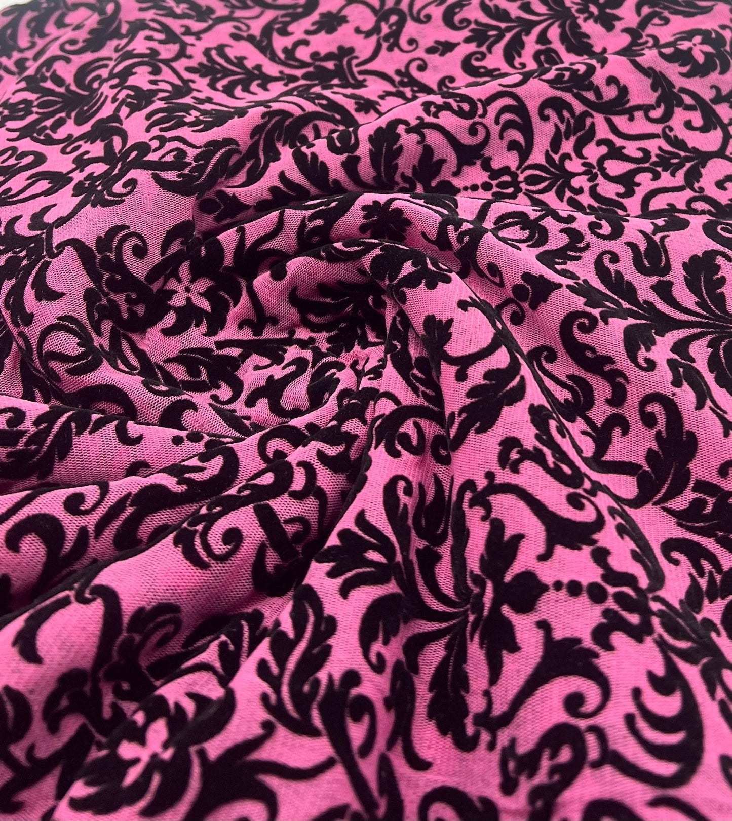 Hot Pink Embossed Flocked Mesh Fabric 2 Way Stretch - T9 Fabrics