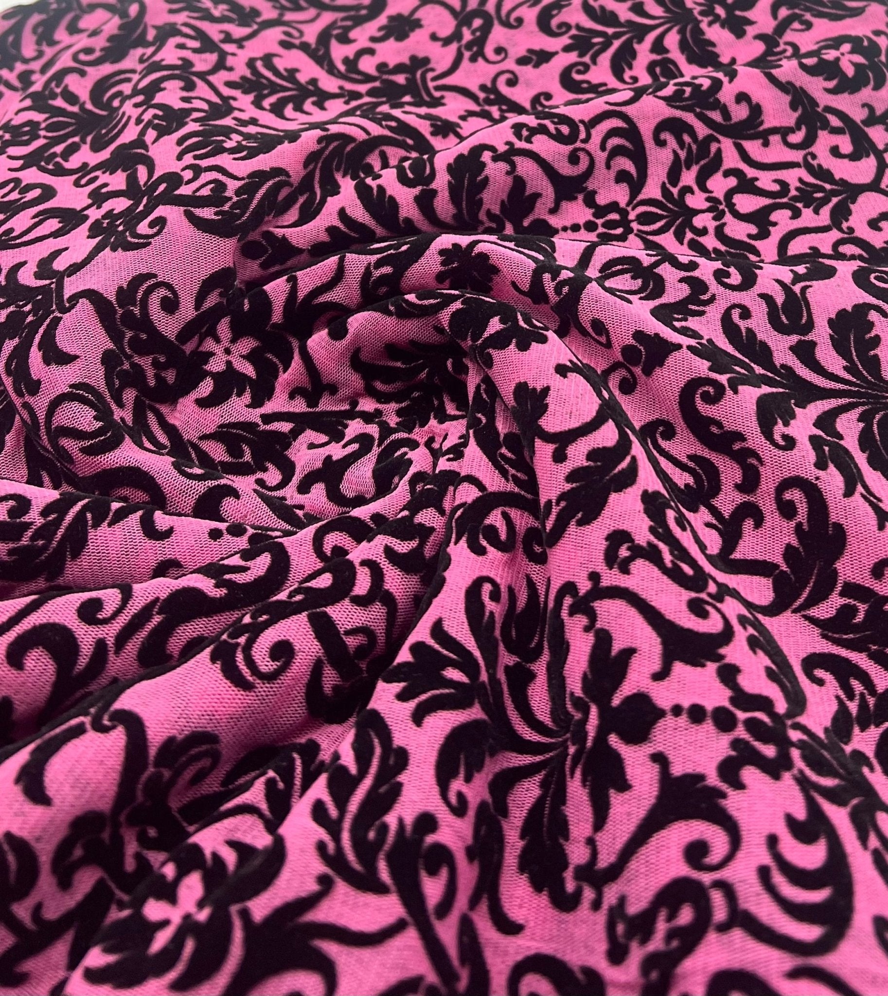 Hot Pink Embossed Flocked Mesh Fabric 2 Way Stretch - T9 Fabrics