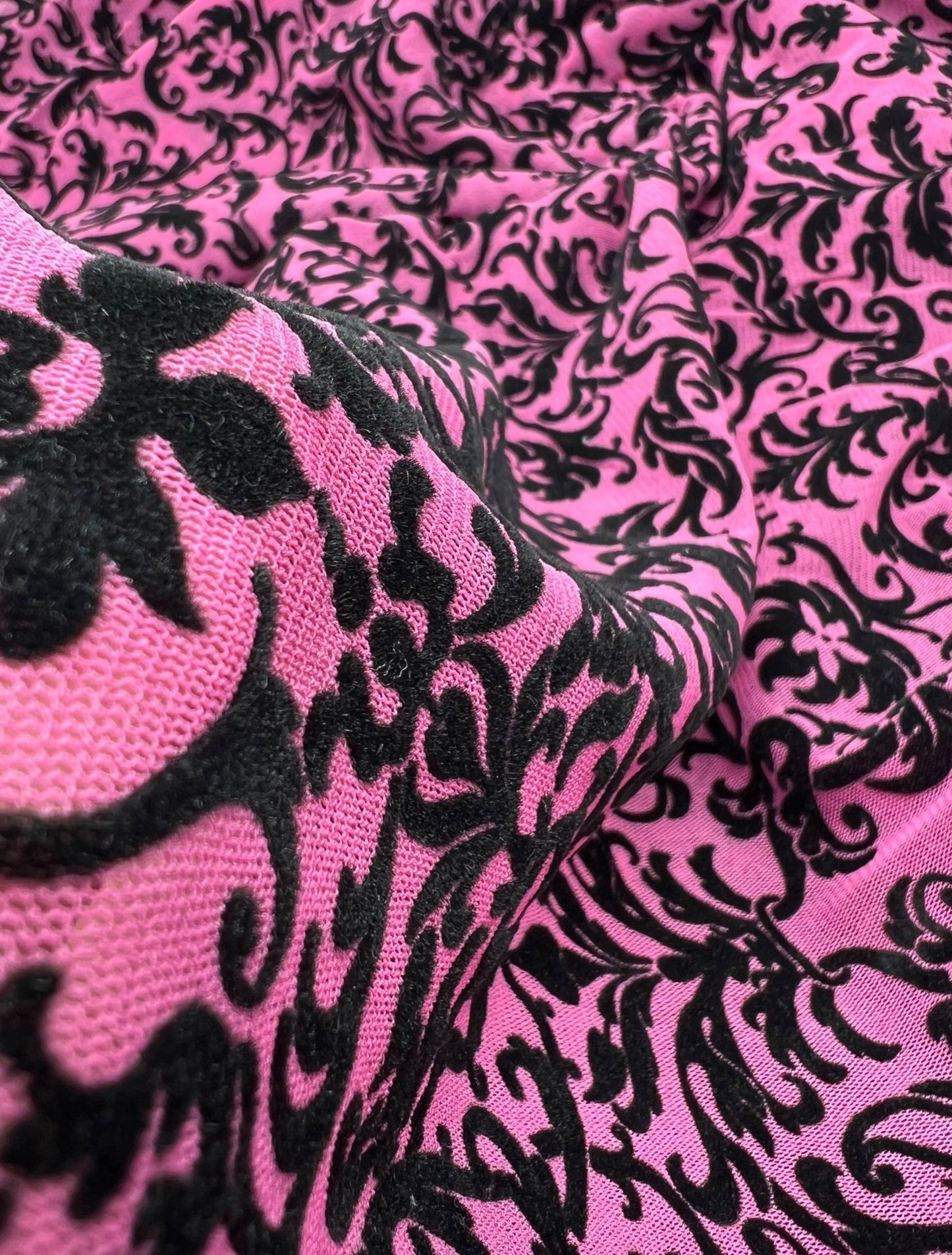 Hot Pink Embossed Flocked Mesh Fabric 2 Way Stretch - T9 Fabrics