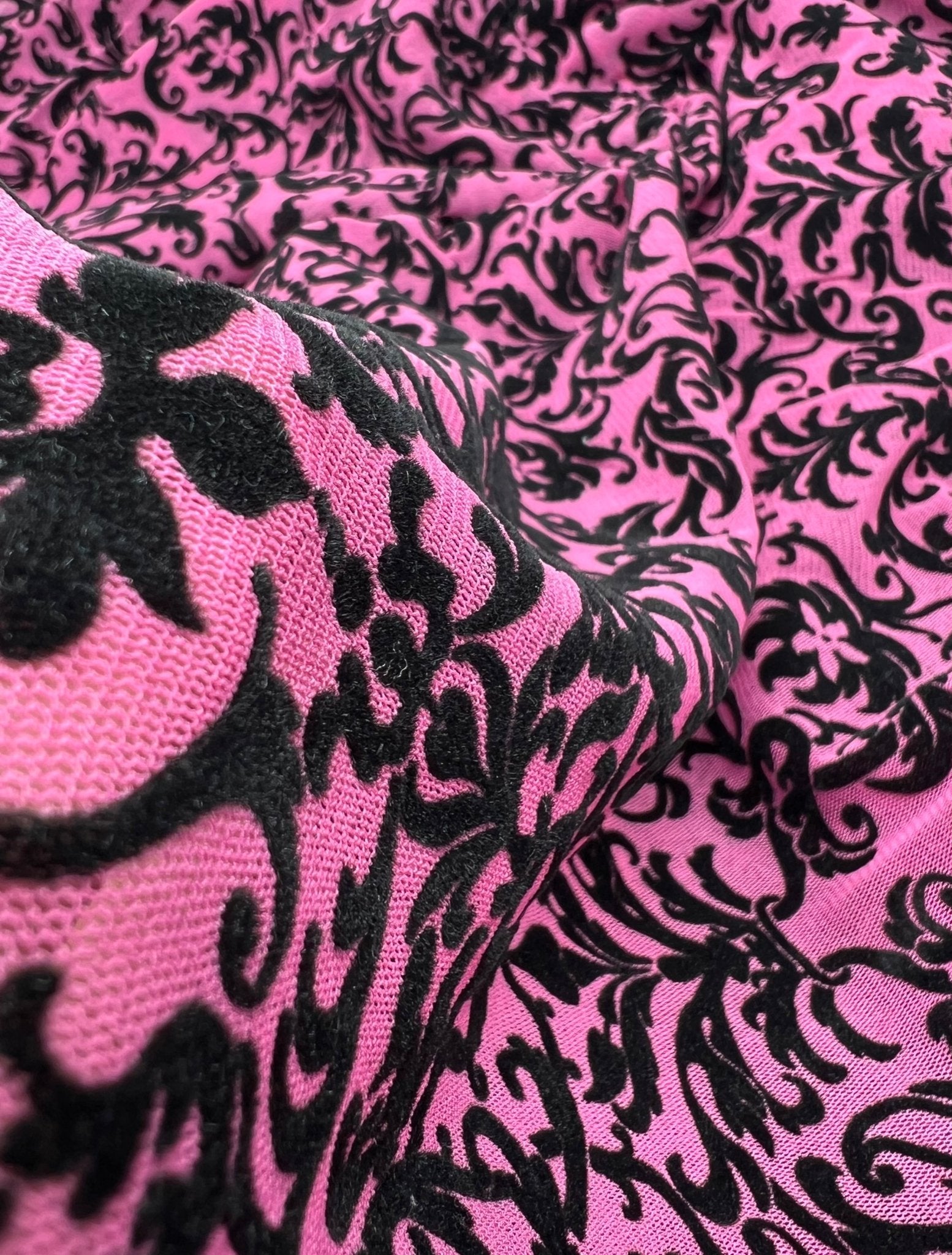 Hot Pink Embossed Flocked Mesh Fabric 2 Way Stretch - T9 Fabrics