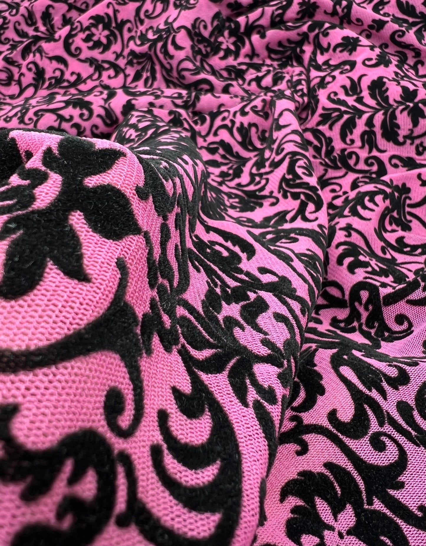 Hot Pink Embossed Flocked Mesh Fabric 2 Way Stretch - T9 Fabrics