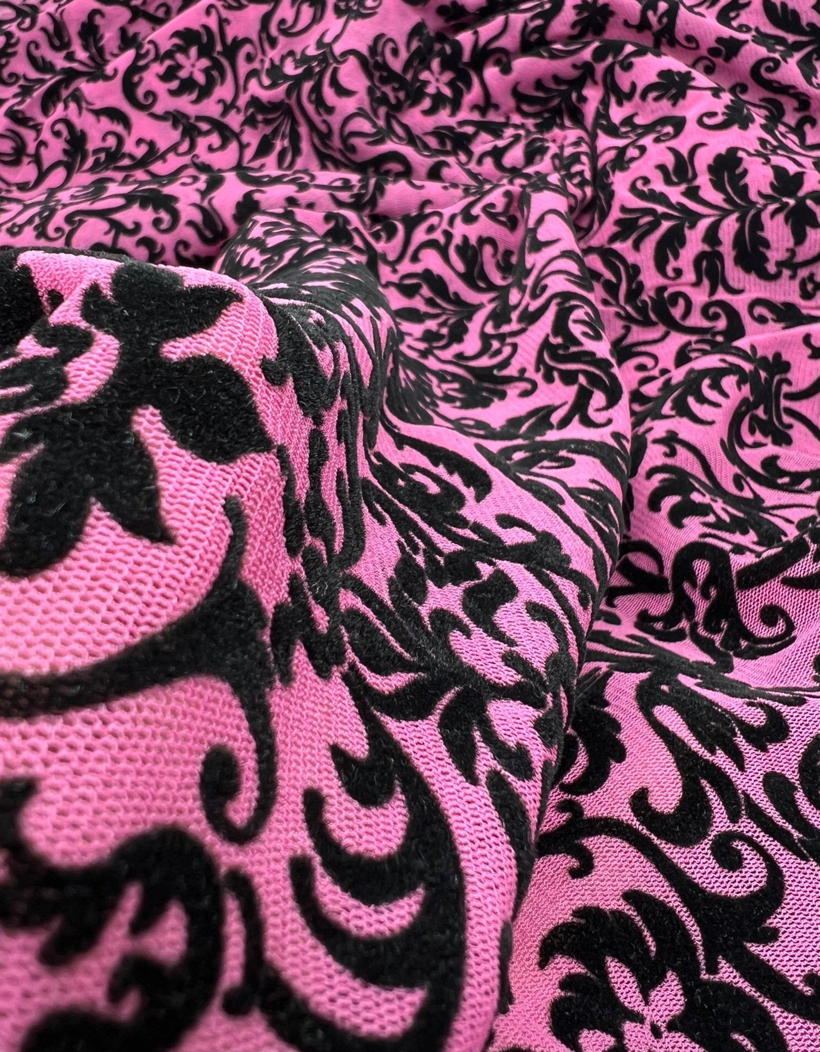 Hot Pink Embossed Flocked Mesh Fabric 2 Way Stretch - T9 Fabrics